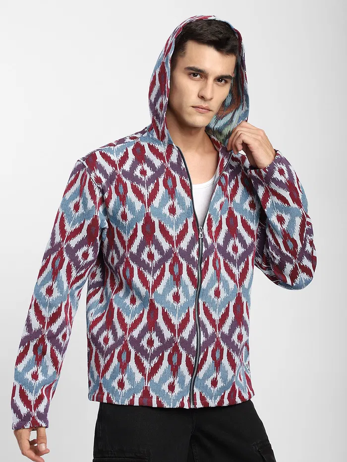 Blue Ikat Print Hoodie Shacket