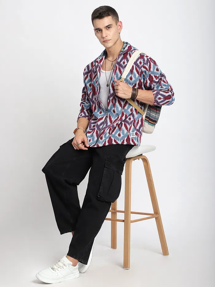 Blue Ikat Print Hoodie Shacket