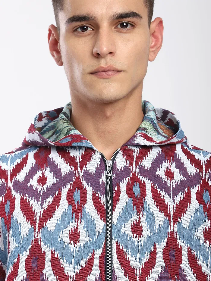 Blue Ikat Print Hoodie Shacket