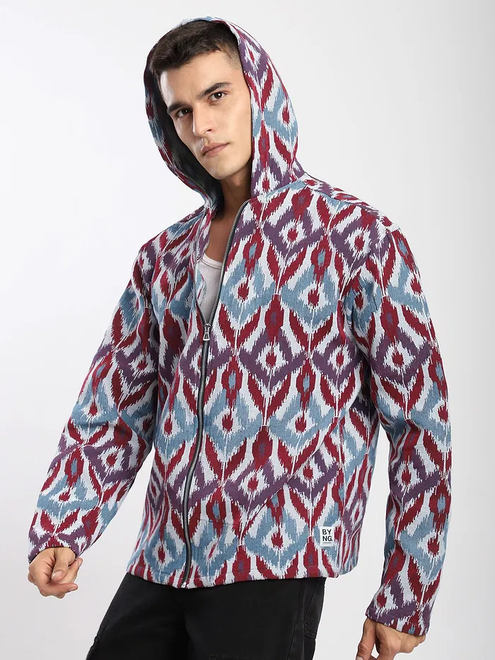 Blue Ikat Print Hoodie Shacket