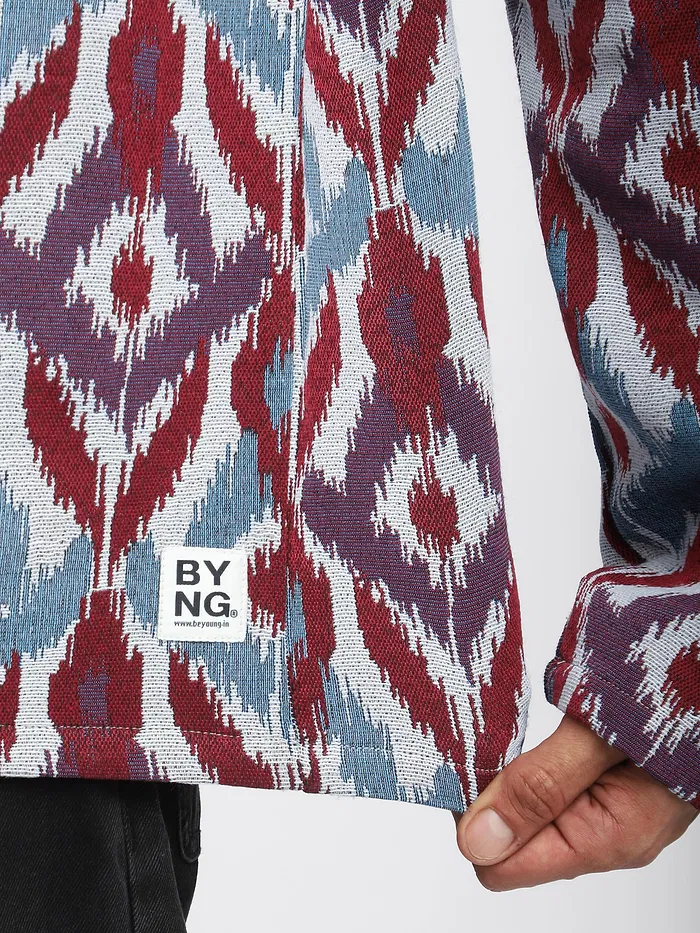 Blue Ikat Print Hoodie Shacket
