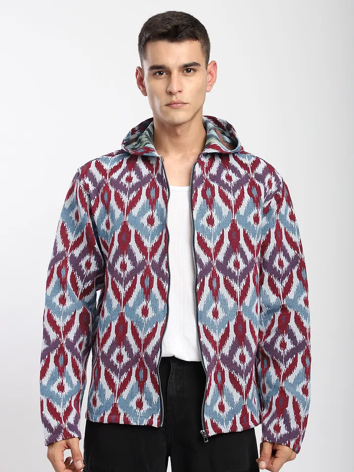 Blue Ikat Print Hoodie Shacket