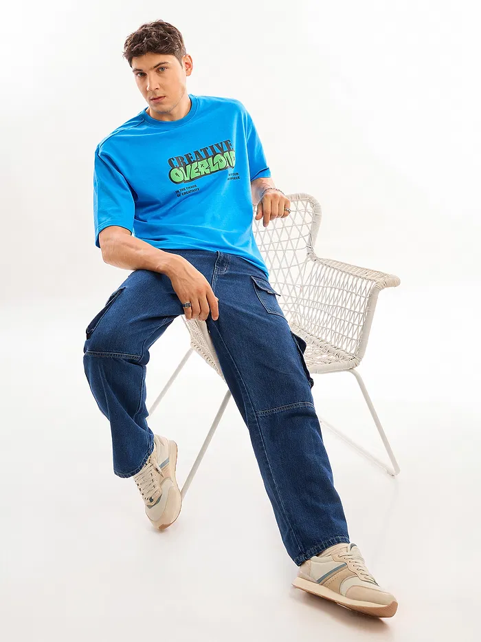 Blue Puff Printed Oversized T-shirt For Men