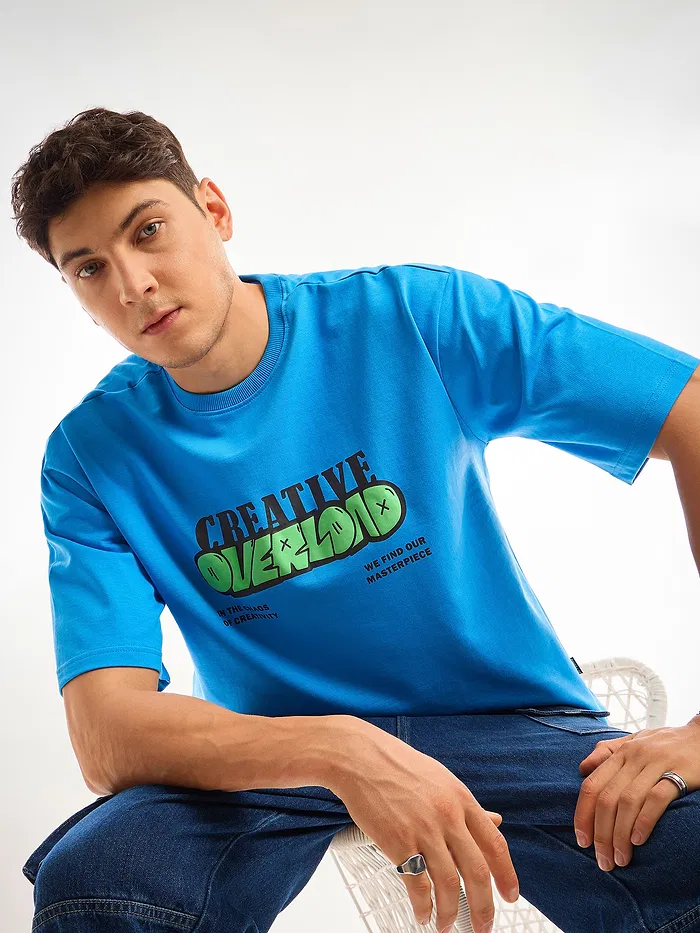 Blue Puff Printed Oversized T-shirt For Men