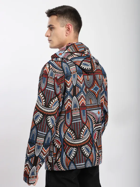 Blue Tribal Print Hoodie Shacket