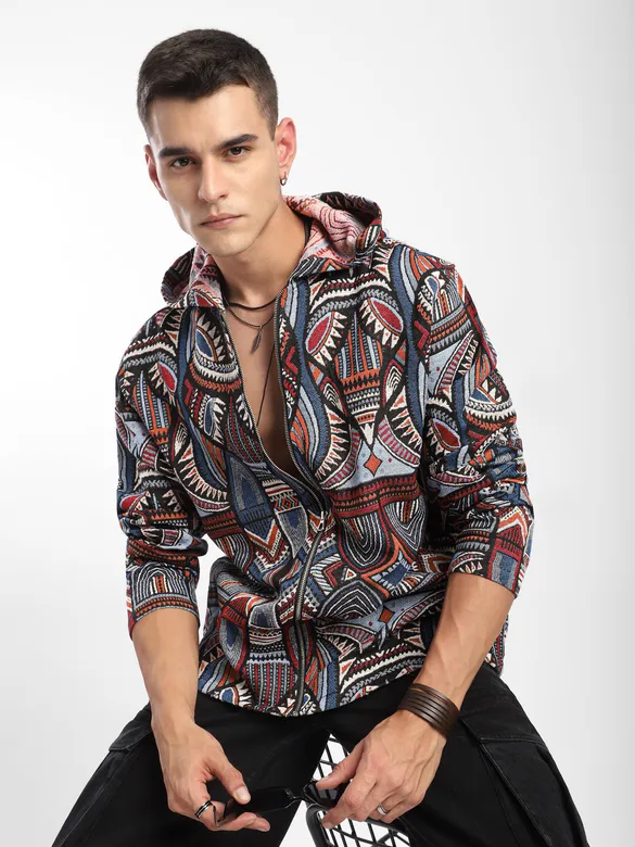 Blue Tribal Print Hoodie Shacket
