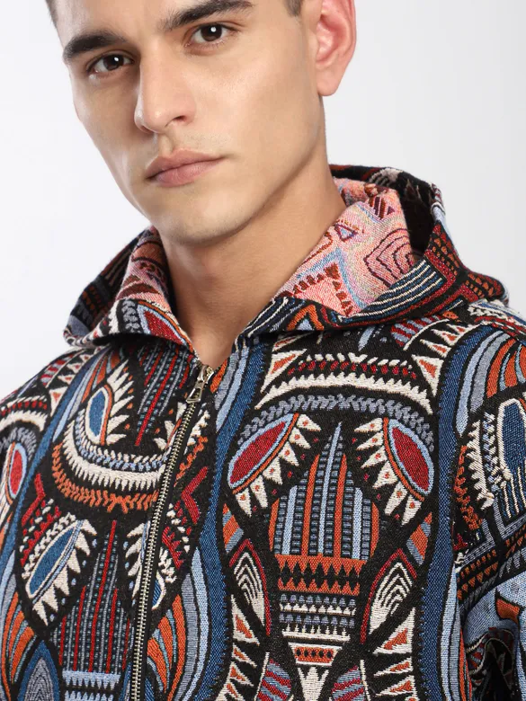 Blue Tribal Print Hoodie Shacket