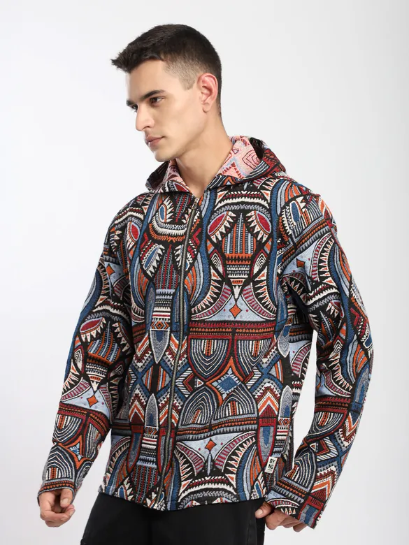 Blue Tribal Print Hoodie Shacket