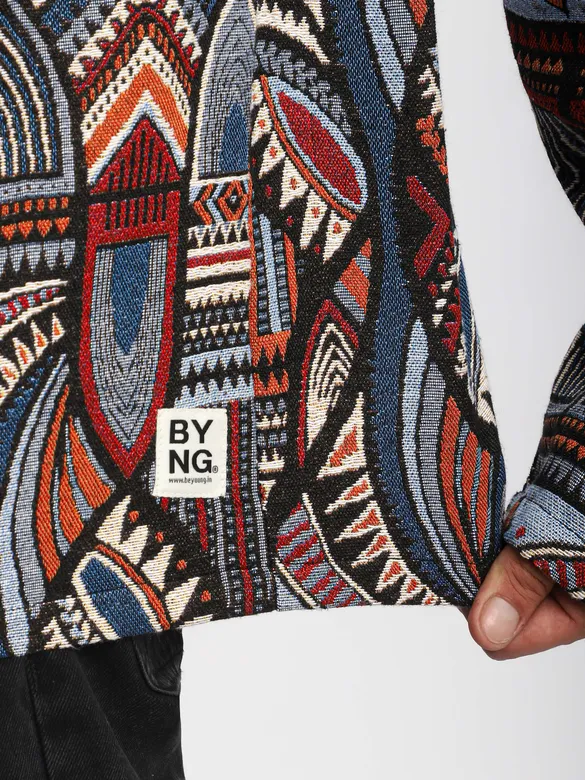 Blue Tribal Print Hoodie Shacket