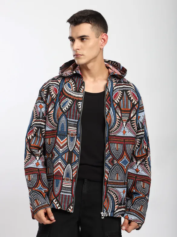 Blue Tribal Print Hoodie Shacket