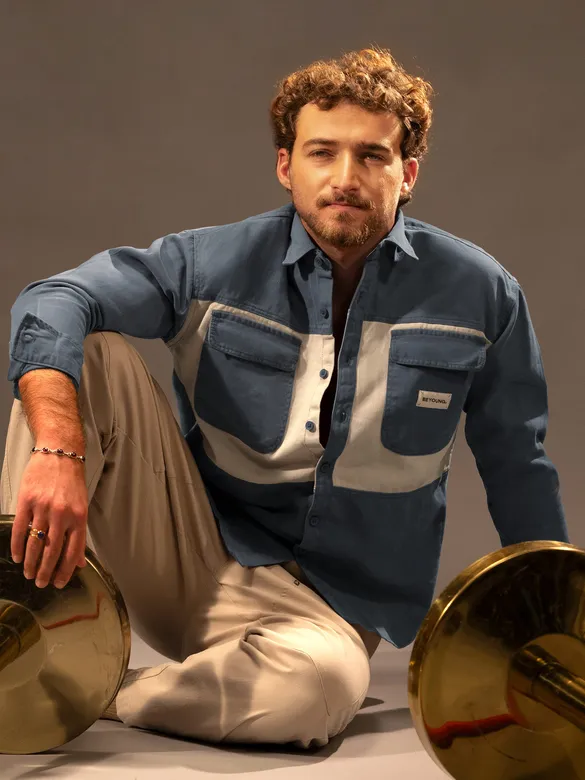 Bluish Grey Dual Patch Color Block Shirt