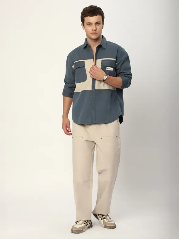 Bluish Grey Dual Patch Color Block Shirt