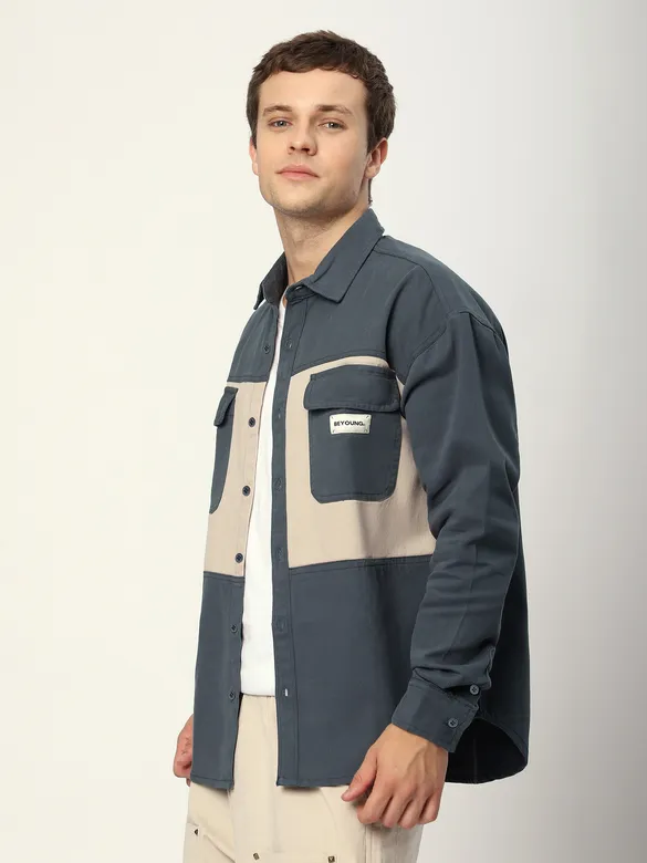 Bluish Grey Dual Patch Color Block Shirt