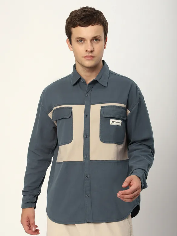 Bluish Grey Dual Patch Color Block Shirt