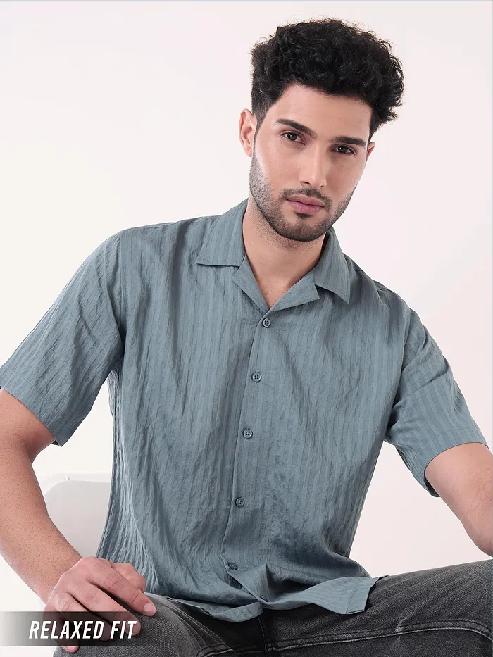 Bluish Grey Striped Casual Shirt for Men