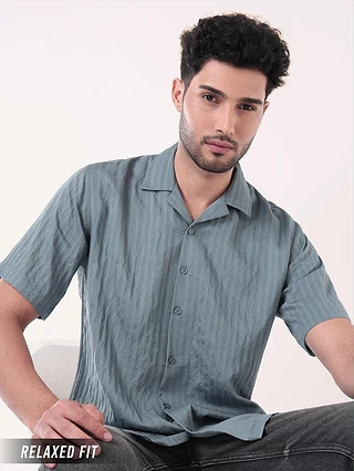 Bluish Grey Striped Casual Shirt for Men