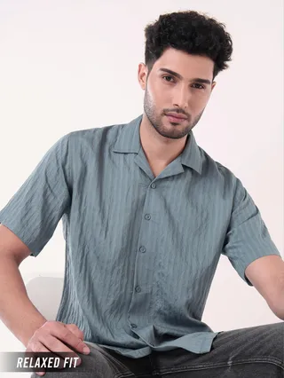 Bluish Grey Striped Casual Shirt for Men