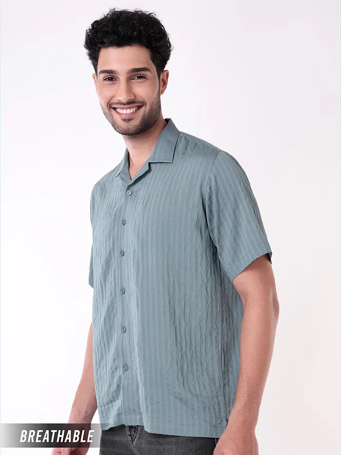 Bluish Grey Striped Casual Shirt for Men
