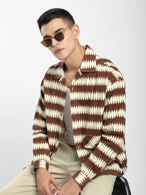 Brown Dual Pocket Abstract Printed Shacket