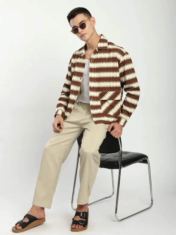 Brown Dual Pocket Abstract Printed Shacket