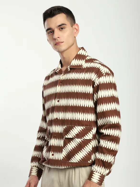 Brown Dual Pocket Abstract Printed Shacket
