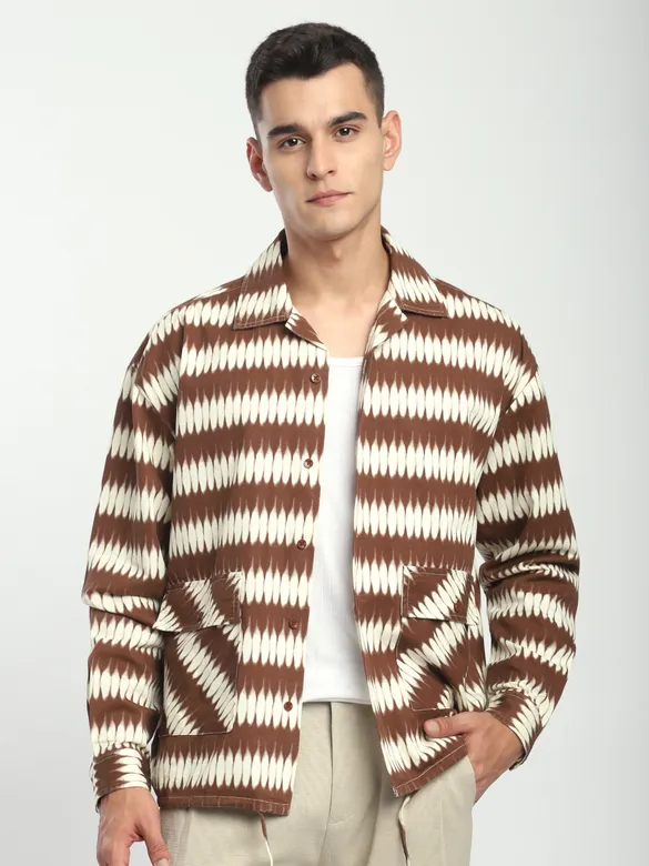 Brown Dual Pocket Abstract Printed Shacket