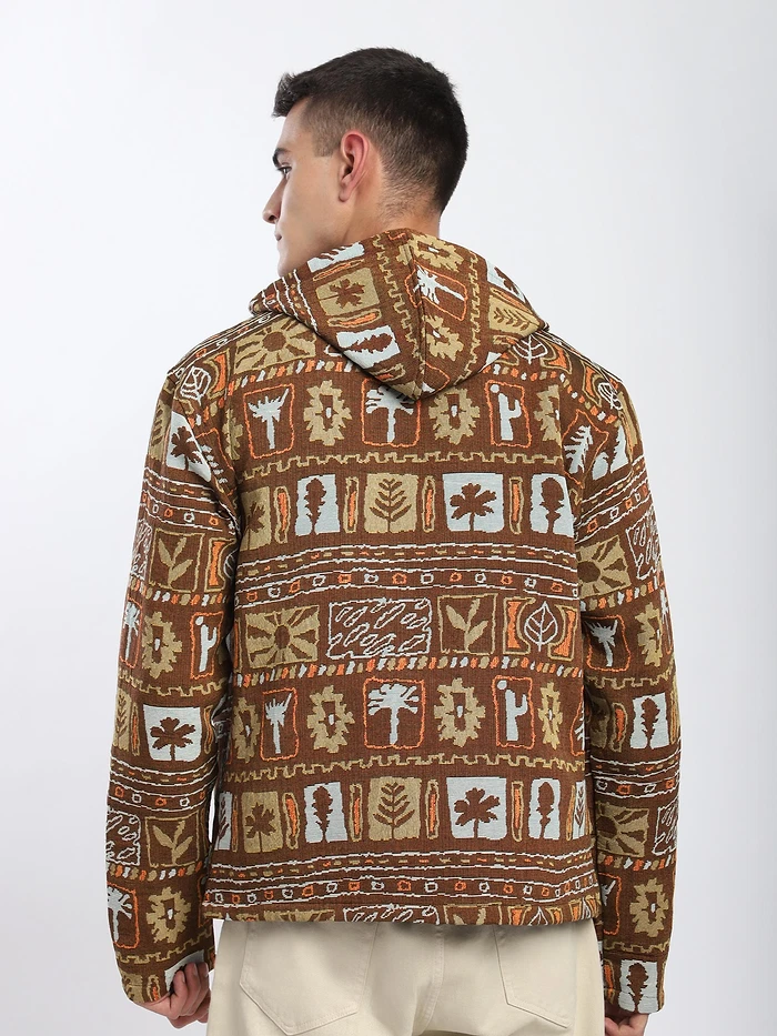 Brown Geometric Floral Print Hoodie Shacket