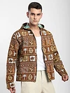 Brown Geometric Floral Print Hoodie Shacket