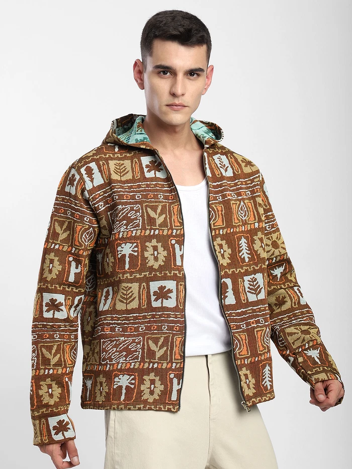 Brown Geometric Floral Print Hoodie Shacket