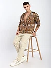 Brown Geometric Floral Print Hoodie Shacket