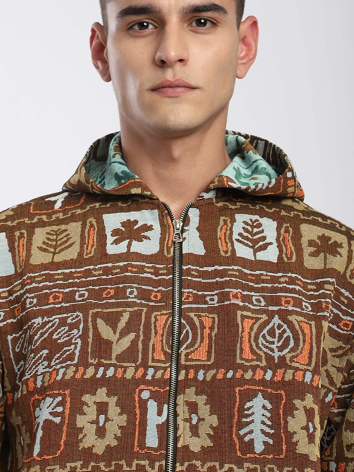 Brown Geometric Floral Print Hoodie Shacket