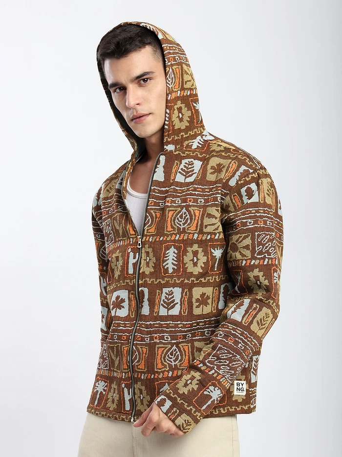Brown Geometric Floral Print Hoodie Shacket