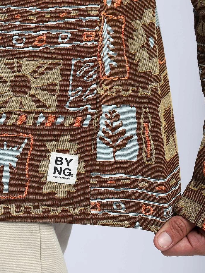 Brown Geometric Floral Print Hoodie Shacket