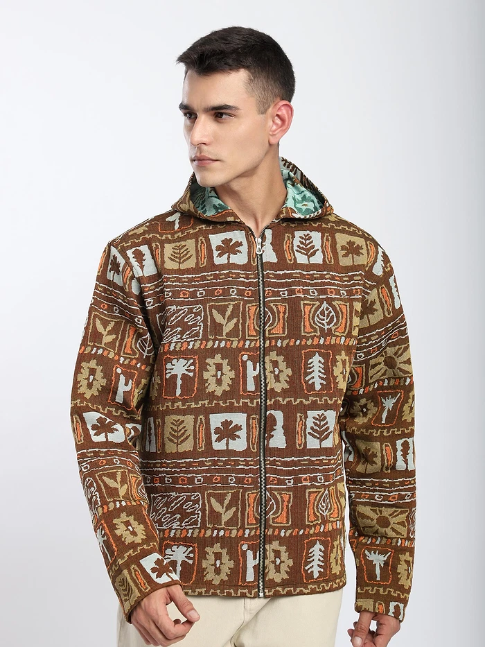 Brown Geometric Floral Print Hoodie Shacket