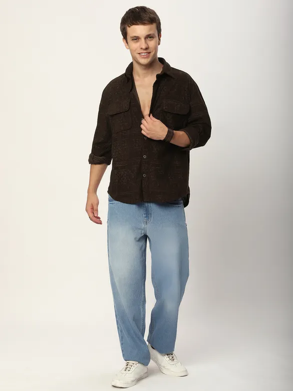 Brown Geometric Textured Corduroy Shirt