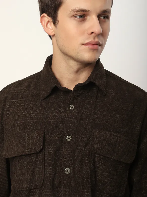 Brown Geometric Textured Corduroy Shirt