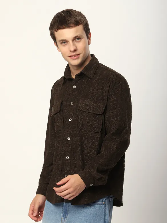 Brown Geometric Textured Corduroy Shirt