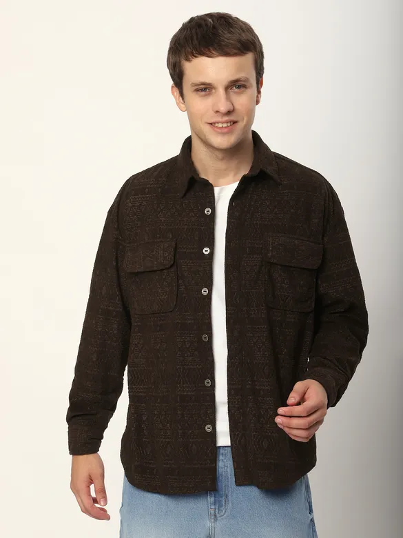 Brown Geometric Textured Corduroy Shirt