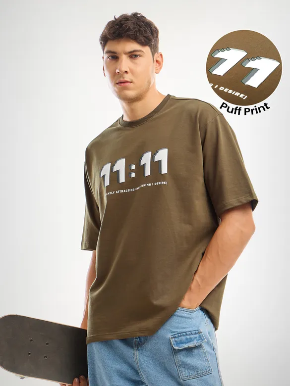 Brown Puff Printed Oversized T-shirt For Men