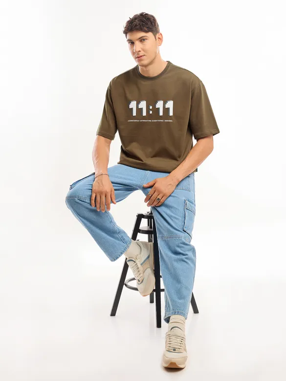 Brown Puff Printed Oversized T-shirt For Men