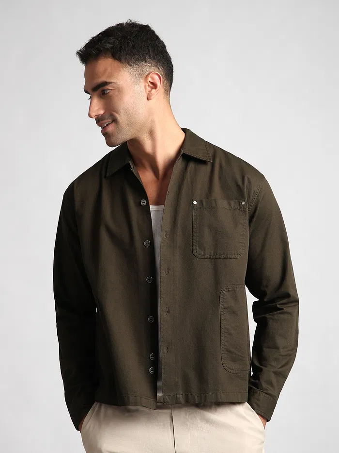 Brown Solid Multipocket Shacket