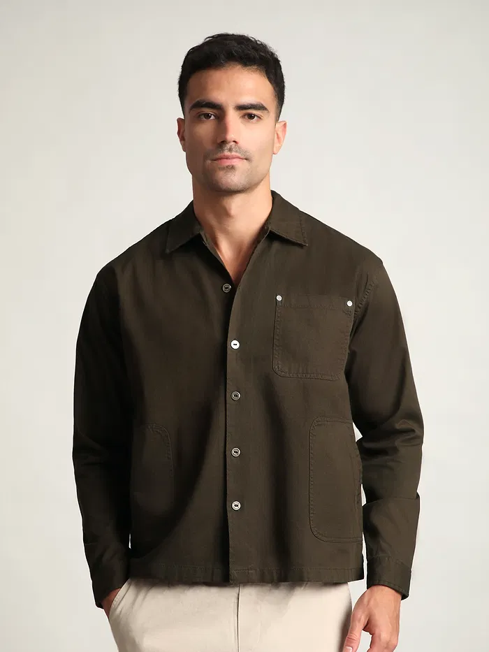 Brown Solid Multipocket Shacket