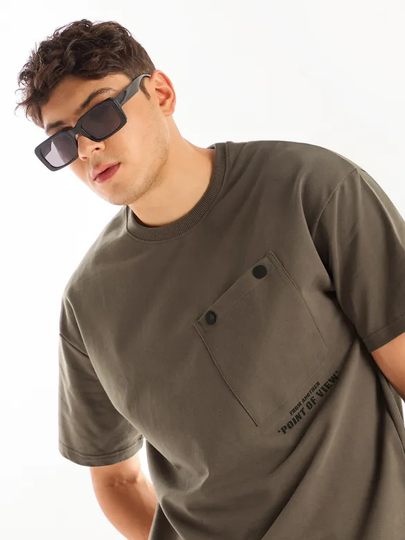Brown Tilted Patch Pocket Oversized T-shirt