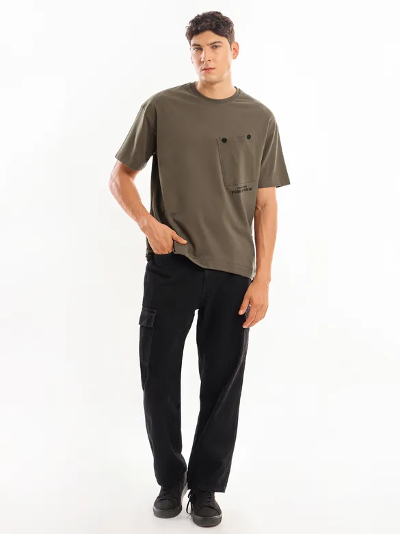 Brown Tilted Patch Pocket Oversized T-shirt