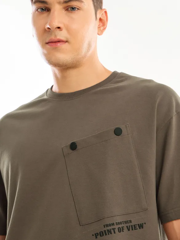 Brown Tilted Patch Pocket Oversized T-shirt