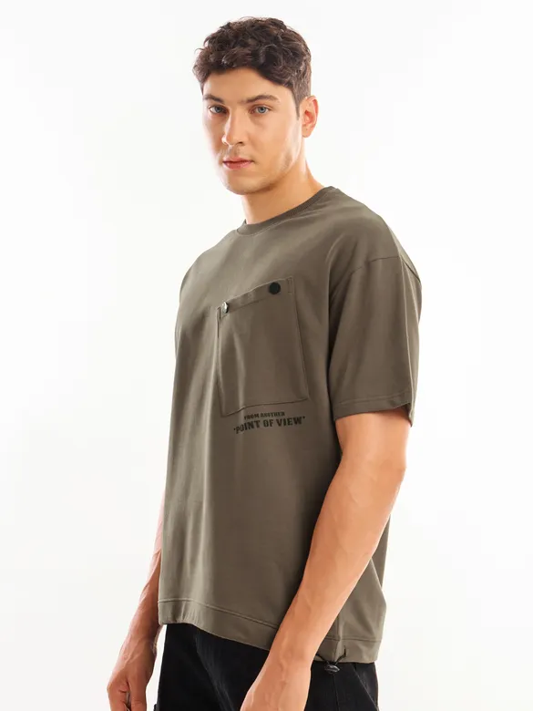 Brown Tilted Patch Pocket Oversized T-shirt