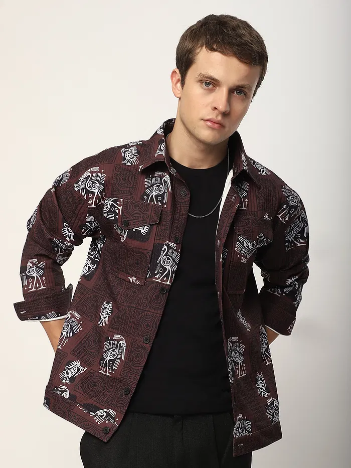 Red printed shacket for men
