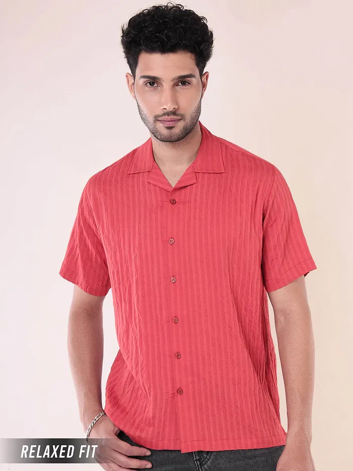 Carrot Red Striped Casual Shirt for Men