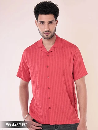 Carrot Red Striped Casual Shirt for Men