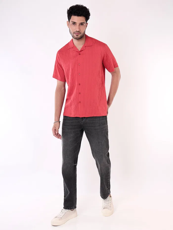 Carrot Red Striped Casual Shirt for Men